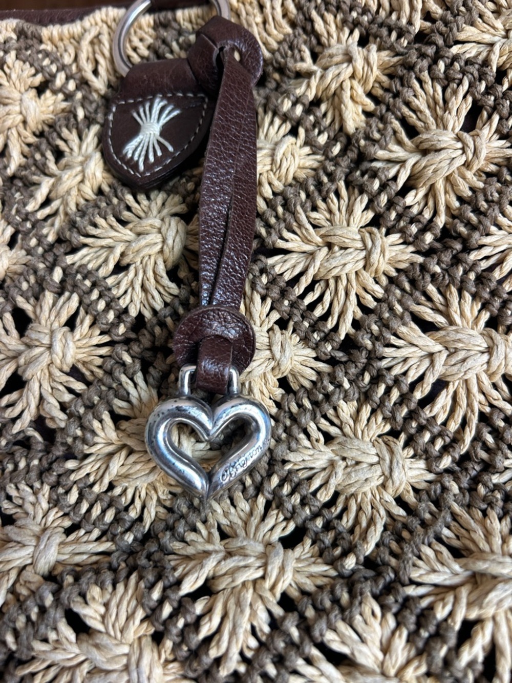 Vintage Brighton Woven Straw Tote Bag with Brown Leather Accents with Heart - Picture 3 of 10